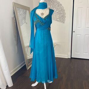 Janique Silk Teal Blue Ethereal Mermaid Beaded Silk Scarf Prom Formal Dress XL
